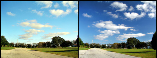 Billede af himlen med og uden polarisationsfilter